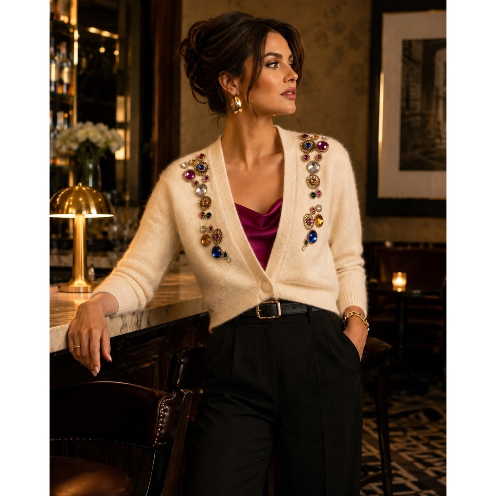 Vintage Extra Energy Cardigan S Angora Silk Jeweled Rhinestone Glam NWT - Picture 1 of 12